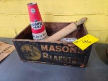 Wood adv box, rolling pin, Goshen advertising