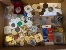 Assorted Coins and Tokens, Some Silver, Coin Charm Bracelet, drink tokens and more