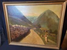 Vintage unsigned oil on canvas Swiss alps roadside scene