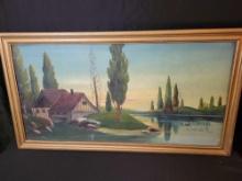 Vintage unsigned oil on canvas waterside cottage scene