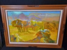 John Poti Framed 4 Amish work horse threshing scene on board