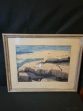 Beach scene Sunny Ledges watercolor by WL Clapp