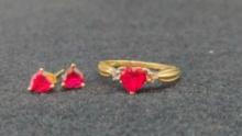 10k Gold Ring and Earrings Set with Red Stones