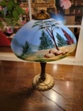 Antique reverse painted lamp with metal base