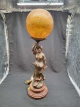 Antique French spelter table lamp with wood base