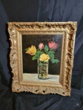 Modern oil on canvas floral vase in heavily carved frame