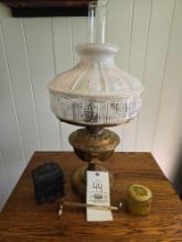 Converted Brass Base lamp, Bank, Snuffer, Tin