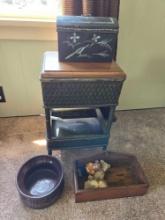 Wicker Stand, Wood box, Tin, RRP Co Roseville Ohio bowl