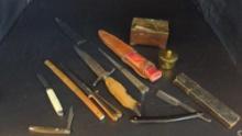 Antique Straight Razor, pocket knives, and letter opener lot