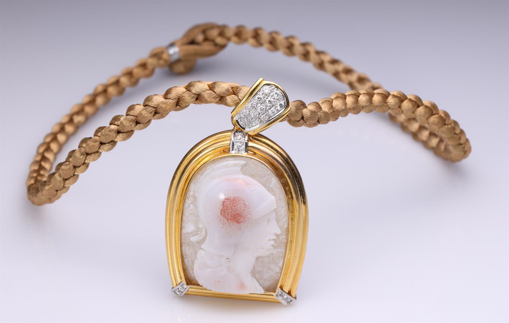 Antique Carved Cameo Agate in Later 18K Yellow Gold and Diamond Mount