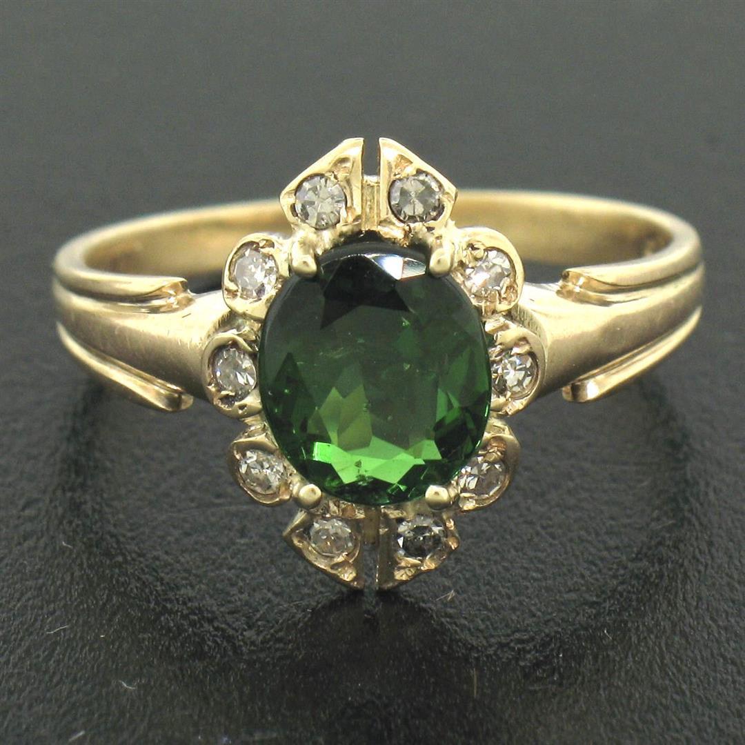 Vintage 14k Yellow Gold 1.15 ctw Green Tourmaline Solitaire & Diamond Halo Ring