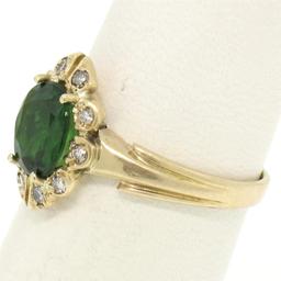 Vintage 14k Yellow Gold 1.15 ctw Green Tourmaline Solitaire & Diamond Halo Ring