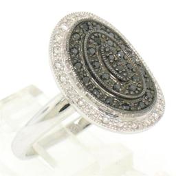 14k White Gold 0.50 ctw 51 Round White & Black Diamond Tiered Oval Cocktail Ring