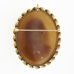 Vintage 14k Gold Unique Domed 3D Carved Shell Cameo Twisted Wire Brooch Pendant