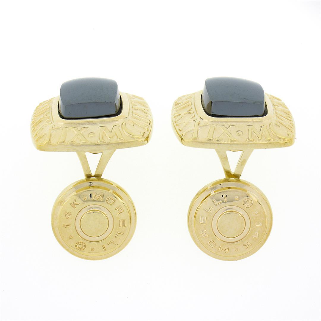 Men's Morelli 14K Gold Cushion Cabochon Bezel Hematite Roman Numeral Cuff Links