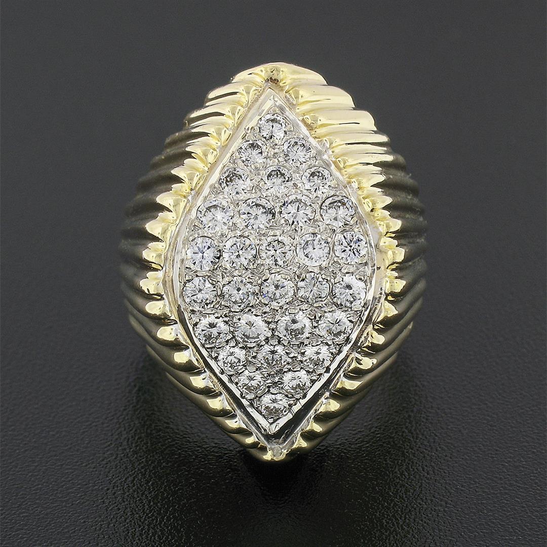 Vintage 14k Gold 1.20 ctw Pave Round Diamond Scalloped Sides Large Cocktail Ring