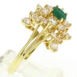 Estate 18k Yellow Gold 1.78 ctw Oval Emerald & Round Diamond Pyramid Cluster Rin