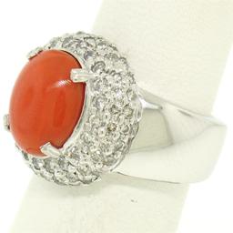 14k White Gold Oval Cabochon Red Coral Ring w/ 2.10 ctw Diamond Halo