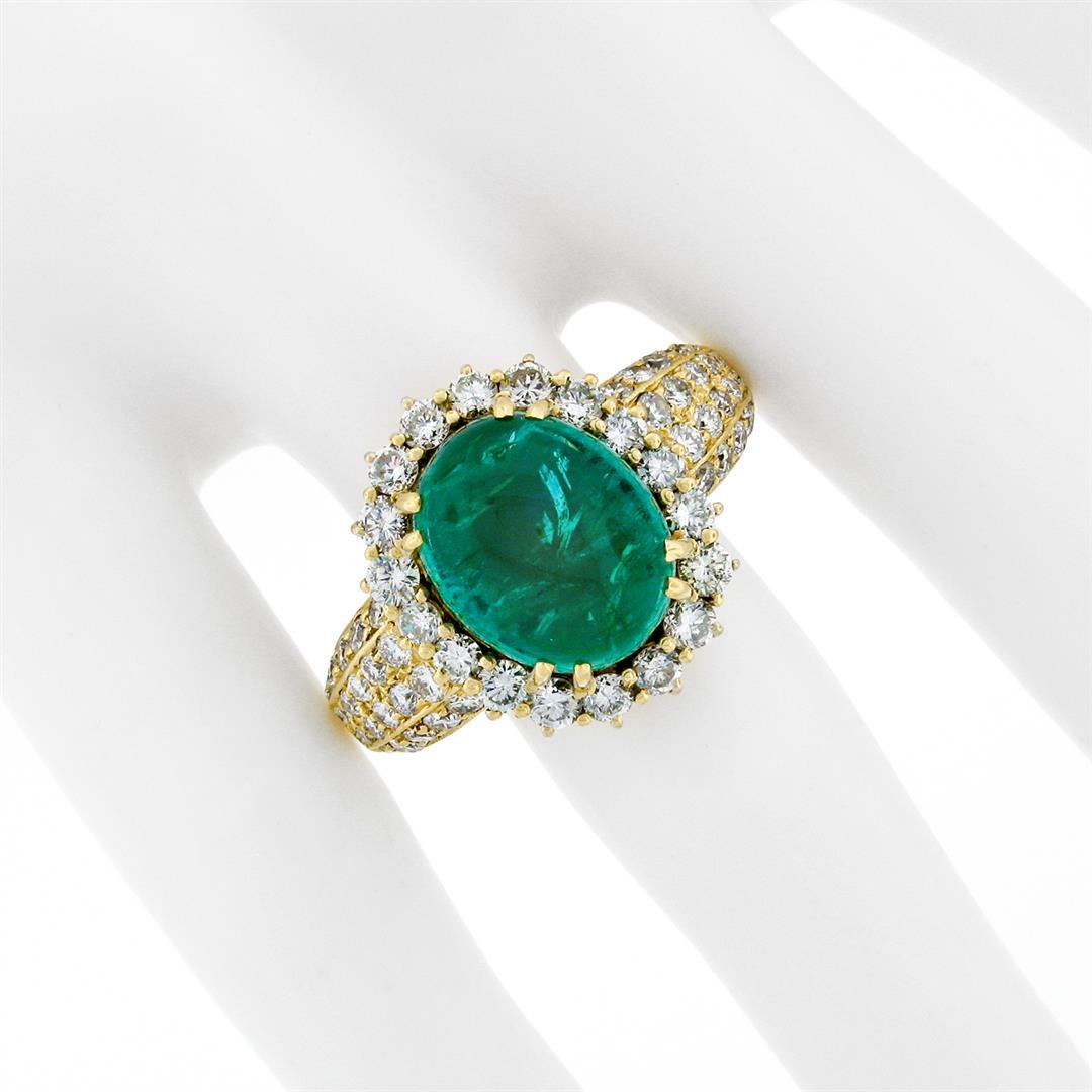 Vintage 18k Gold 11.08 ctw AGL Oval Cabochon Emerald & Pave Diamond Cocktail Rin