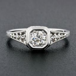 Antique Art Deco 18k Gold European Diamond Solitaire Filigree Engagement Ring