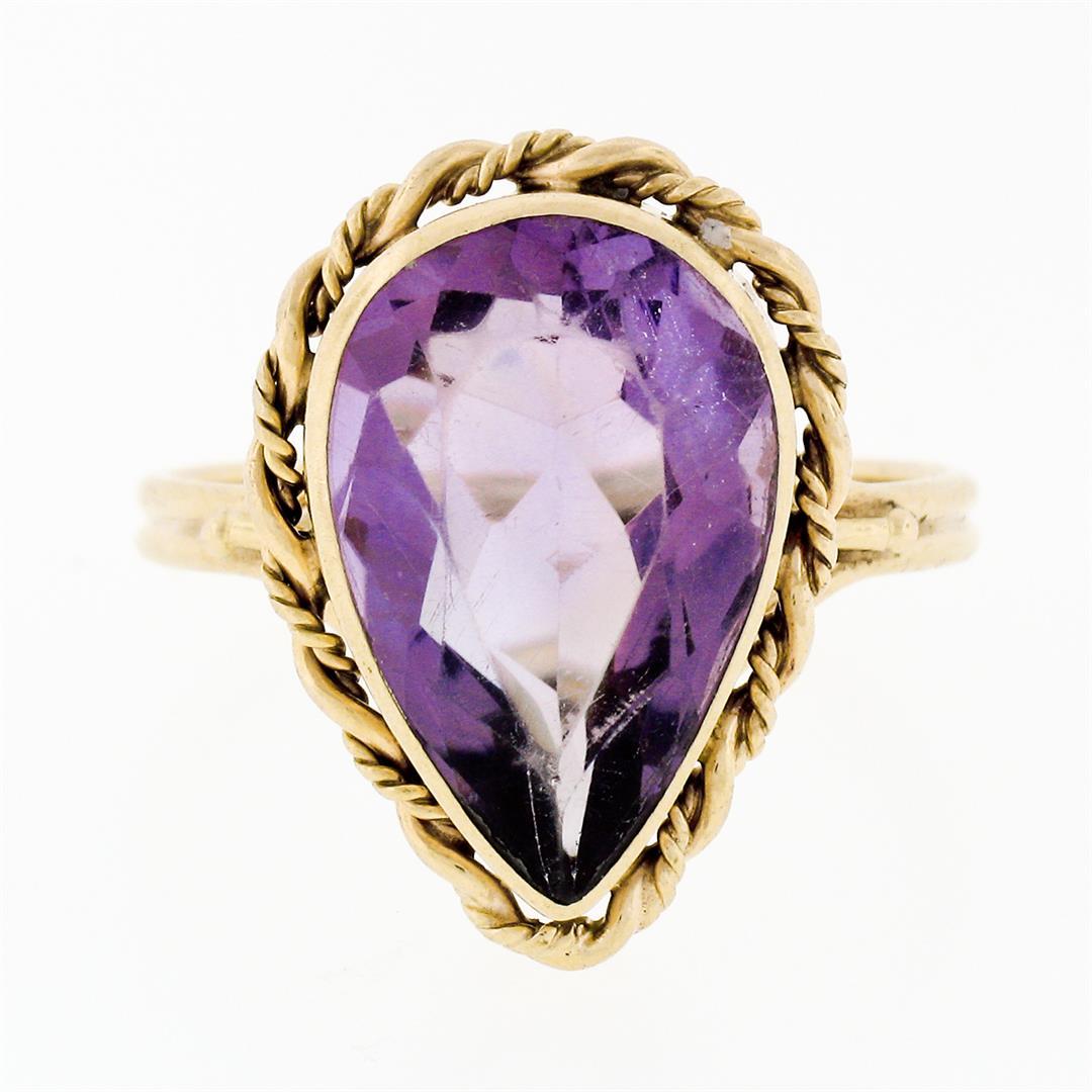 Handmade Vintage 14K Yellow Gold 5.50 ctw Pear Amethyst Ring w/ Twisted Wire Fra