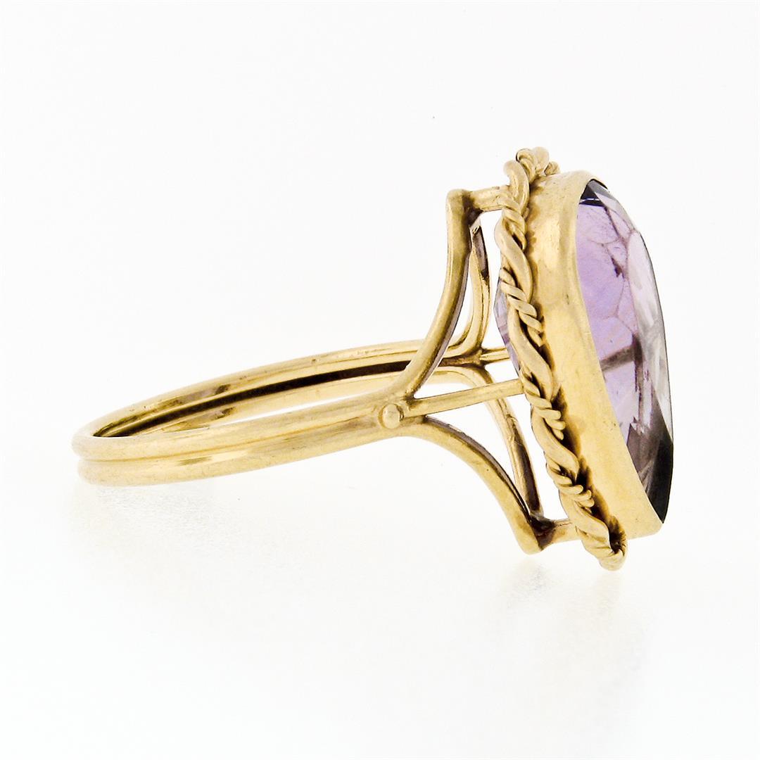 Handmade Vintage 14K Yellow Gold 5.50 ctw Pear Amethyst Ring w/ Twisted Wire Fra