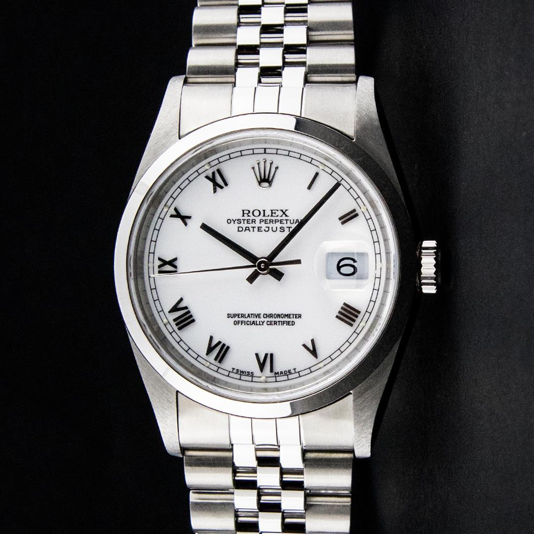 Rolex Mens Stainless Steel White Roman Smooth Bezel Datejust Datejust Wristwach