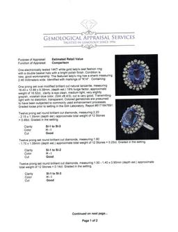 GIA Cert 16.52 ctw Tanzanite and Diamond Ring - 14KT White Gold