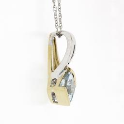 Petite 10K TT Gold Channel Blue Topaz Diamond Polished Overlap Pendant Necklace