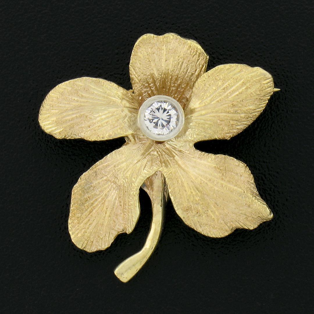 Vintage 14k Gold Bezel Cubic Zirconia Cz Textured Leaf Flower Petite Brooch Pin