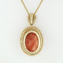 Vintage 14k Gold Oval Cabochon Coral Open Beaded Frame Pendant w/ Chain Necklace