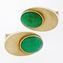 Large Vintage Mens 14K Yellow Gold Oval Jade Squared Puffed Florentine Cufflinks