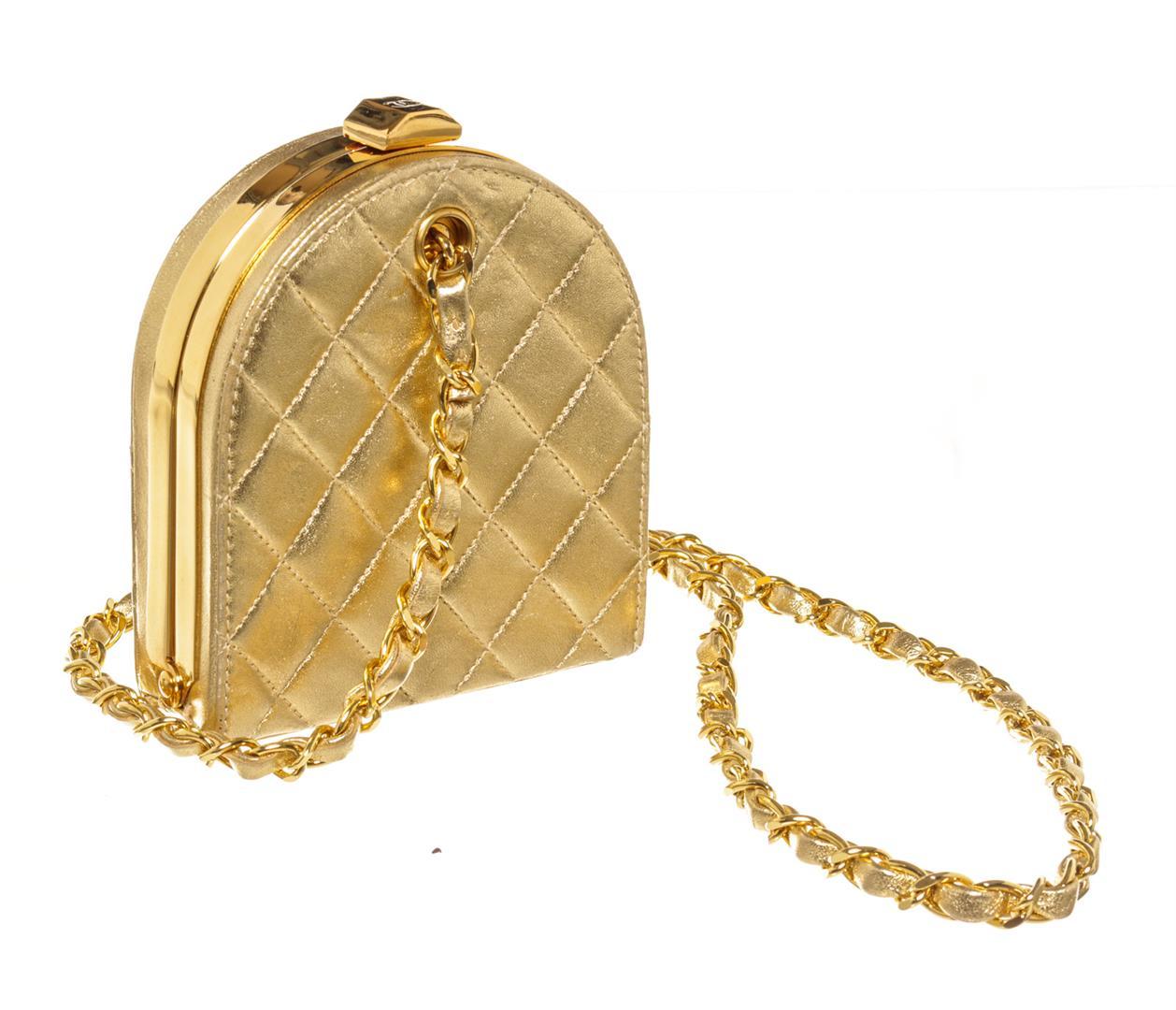 Chanel Vintage Gold Metallic Quilted Leather Frame Mini Clutch Bag