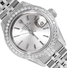 Rolex Ladies Stainless Steel Silver Index Diamond Bezel Date Watch With Rolex Bo