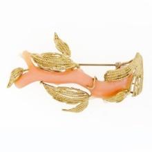 Vintage 14k Yellow Gold Large Natural Angel Skin Coral Branch & Leaf Brooch