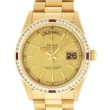 Rolex Mens Quickset 18K Yellow Gold Champagne Index Diamond And Ruby Bezel Presi