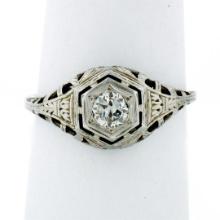 Antique Art Deco 18k Gold 0.26 ctw European Diamond Solitaire Etched Filigree Ri