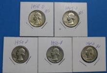 Lot of 5 90% Silver Washington Quarters - Various Years