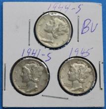 Lot of 3 Silver Mercury Dimes 1941-S, 1944-S, 1945