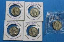 Lot of 5 Standing Liberty and Washington Silver Quarters