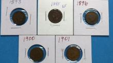 Lot of 5 Indian Head One Cent Pennies - 1893, 1895, 1896, 1900, 1901