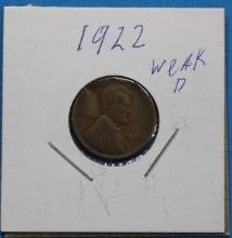 1922 Weak D Lincoln Wheat Penny Cent