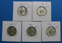 Lot of 5 90% Silver Washington Quarters - Various Years