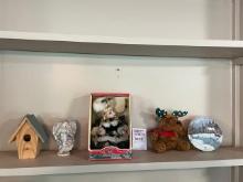 bird house, porcelain doll , angel, plate , and stuffed animal