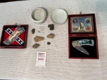Indian artifacts peace pipe and 2 knives