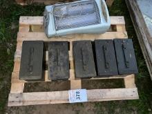 pallet with electric heater and (5) ammo boxes with bolts