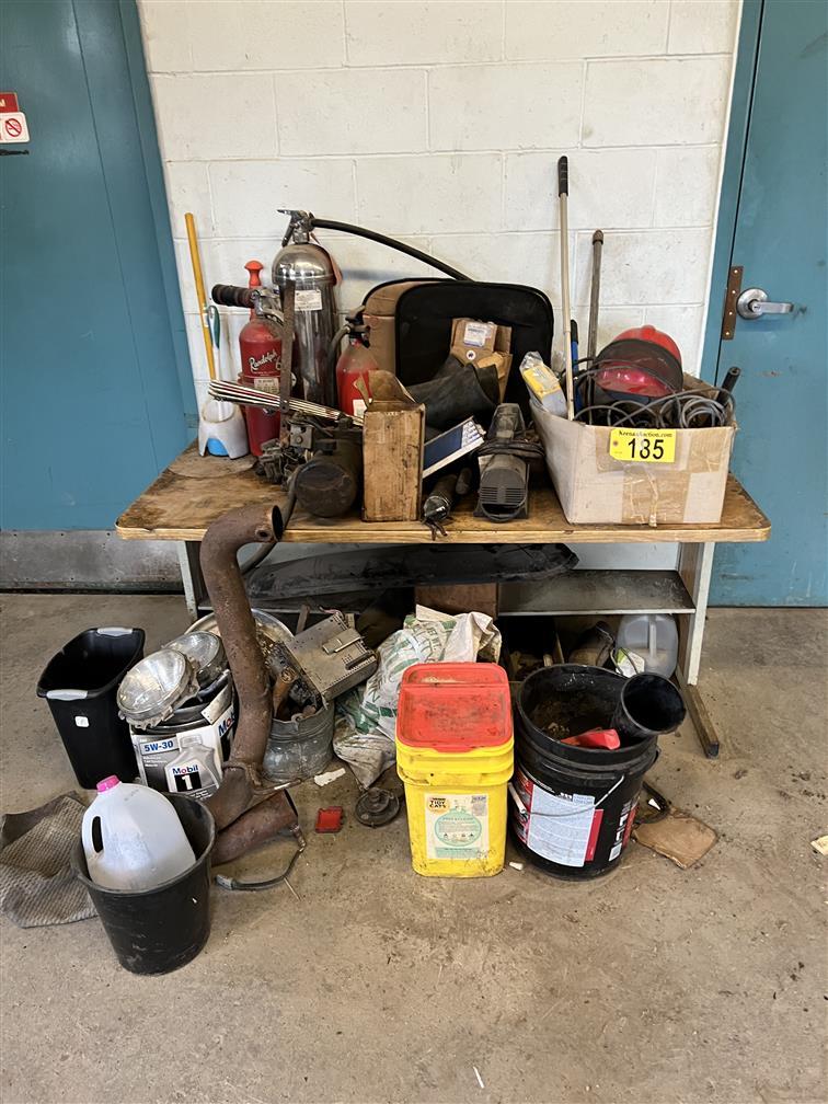 DESK & CONTENTS: FIRE EXTINGUISHER, CABLE, CHAINSAW SAFETY HELMET, MISC. AUTO PARTS