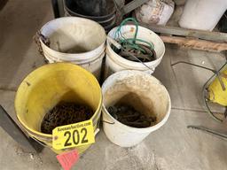 LOT OF CHAIN, STRAPS, ROPE, MISC. CONTENTS IN 4-BUCKETS