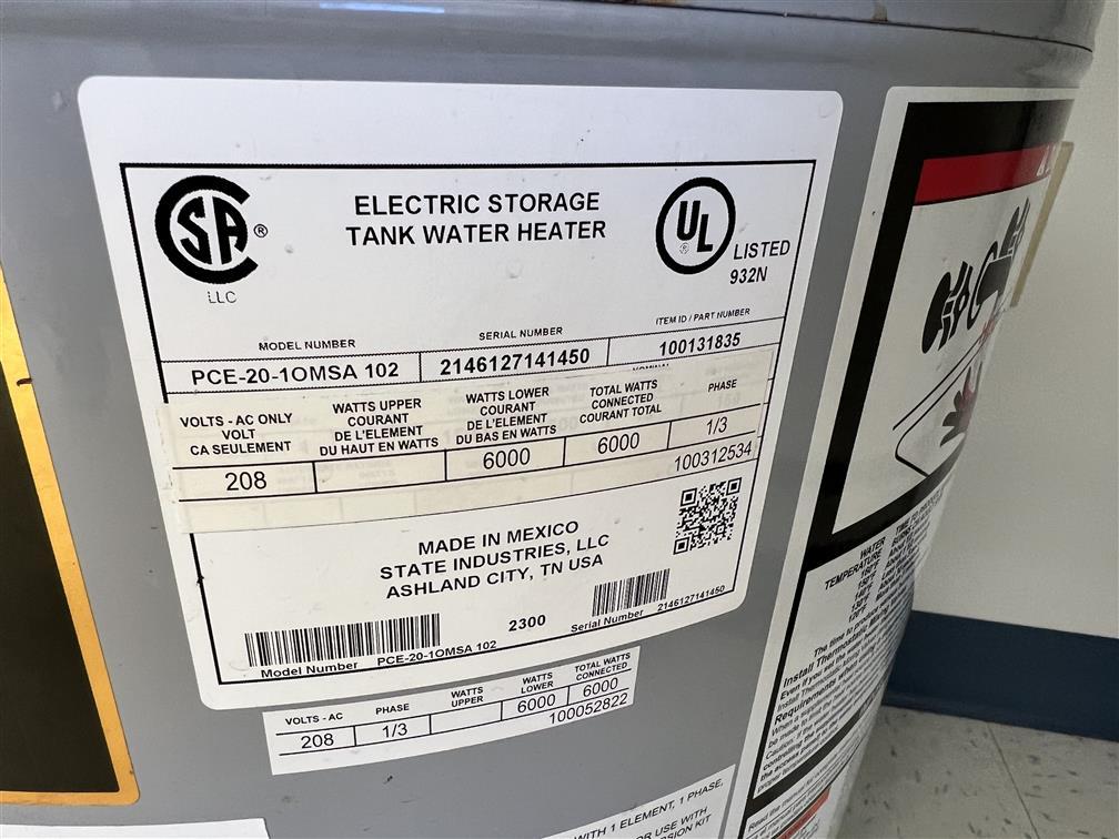 STATE PATRIOT PCE-20-10MSA 102 ELECTRIC WATER HEATER