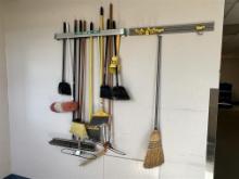 LOT: 13-CLEANING TOOLS, BROOMS, DUST MOPS, 3-WALL TOOL HOLDERS